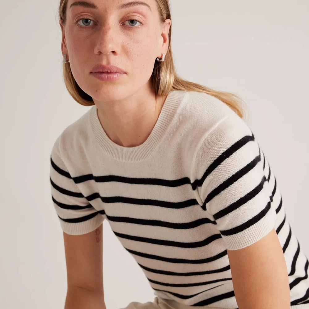 Quince Striped Black and White Cashmere Tee